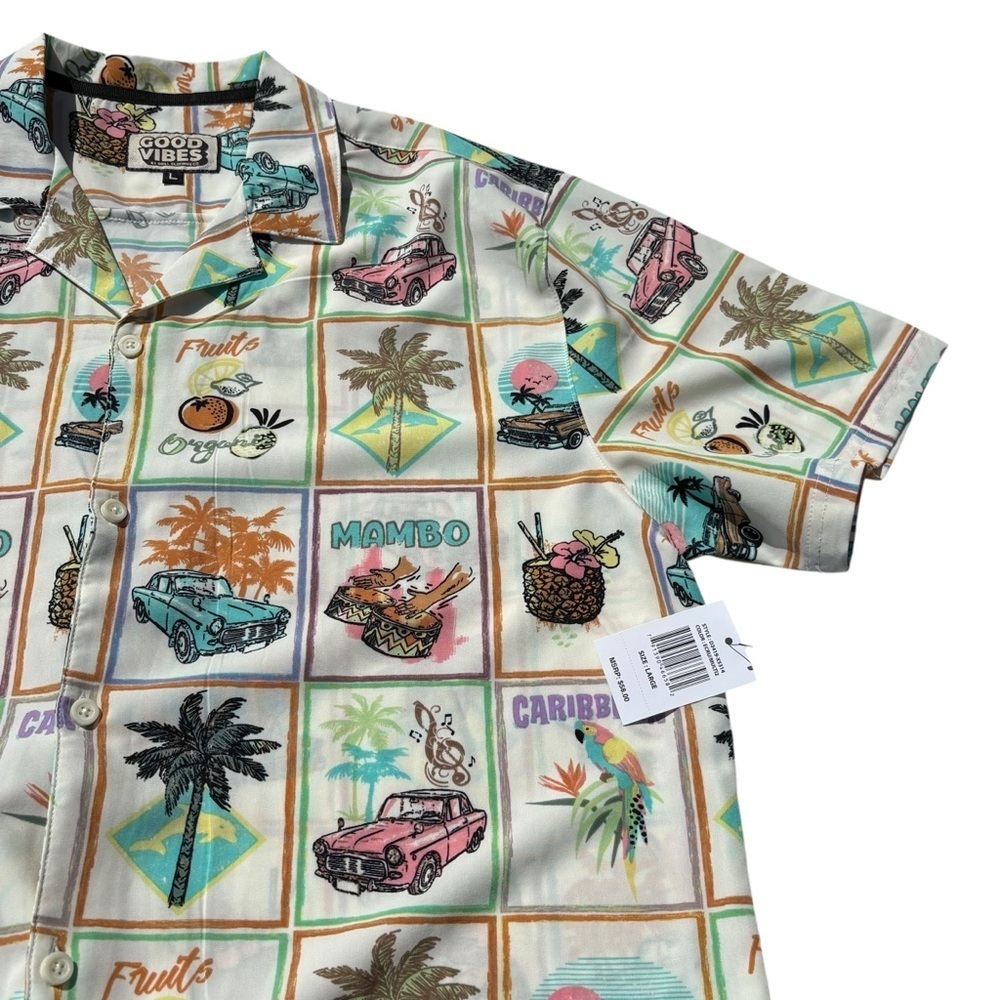 Good Vibes Mens L Hawaiian Shirt Tropical Cars Pineapples Caribbean Mambo NWT